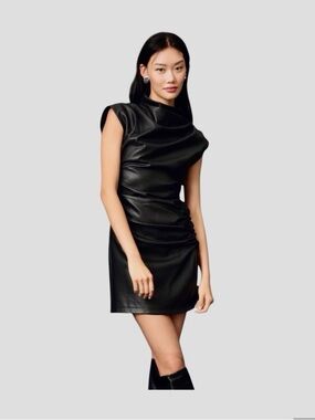 Anthropologie Black Faux Leather Draped Mini Dress